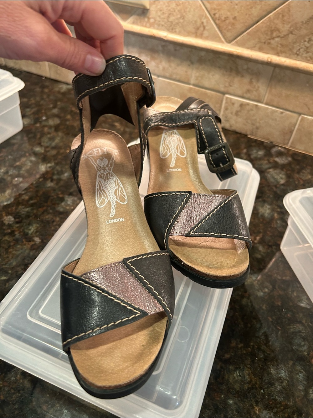 Fly London Black and Metallic Brown Wedge Sandals